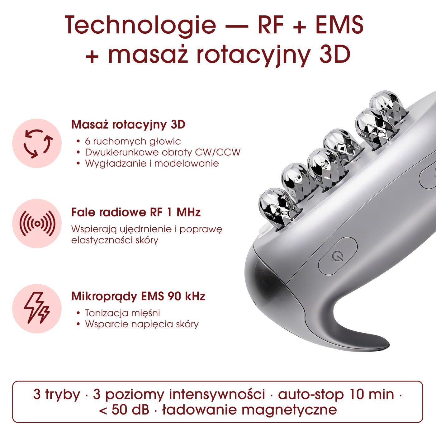 Trzy metody znane z gabinetów: RF, EMS i masaż 3D. Działają na różnych głębokościach i uzupełniają się nawzajem.