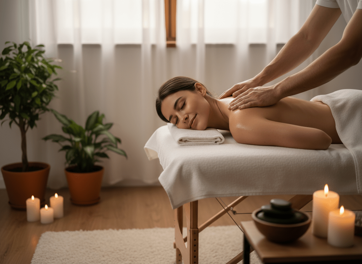 Na zdjęciu kobieta leżąca na leżance, jest uśmiechnięta i ręce mężczyzny masują jej plecy. Masaż to element codziennej pielęgnacji zdrowia