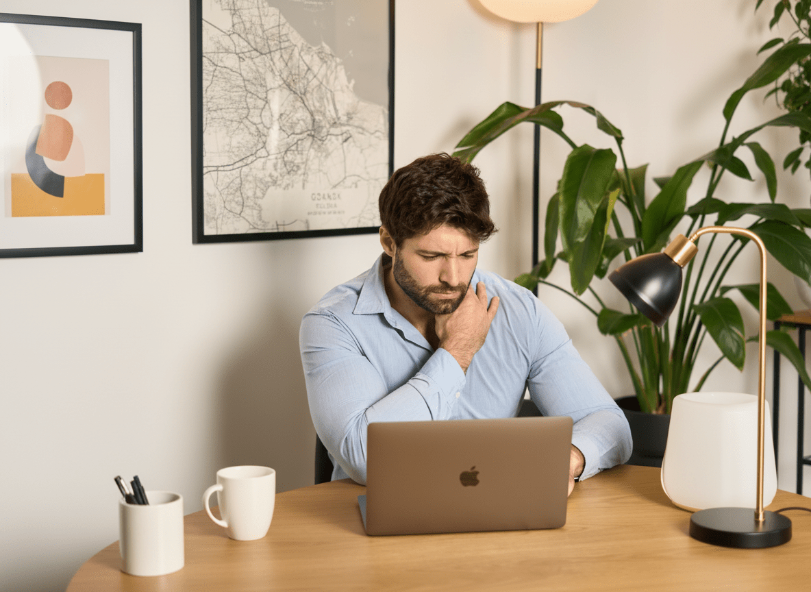 Na zdjęciu mężczyzna pracujący zdalnie przy laptopie; chwyta się za bark, który go boli. Ergonomia pracy zdalnej, jak zapobiec bólowi?