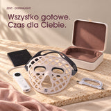 Zestaw DermaLight z maską, kontrolerem, etui, instrukcją i starannie ułożonym kablem USB-C.