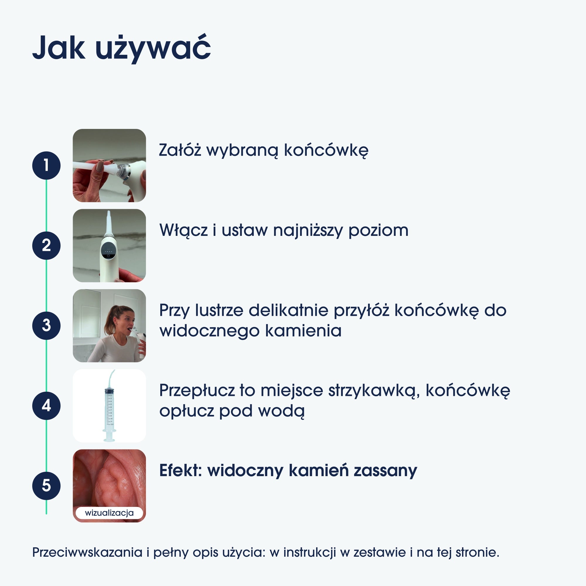 Jak używać TonsilCare: montaż końcówki, najniższy poziom ssania, praca przy lustrze i płukanie.
