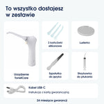 Zestaw TonsilCare: urządzenie, trzy końcówki silikonowe, lusterko, szpatułka, strzykawka, kabel USB-C oraz instrukcja z kartą gwarancyjną.