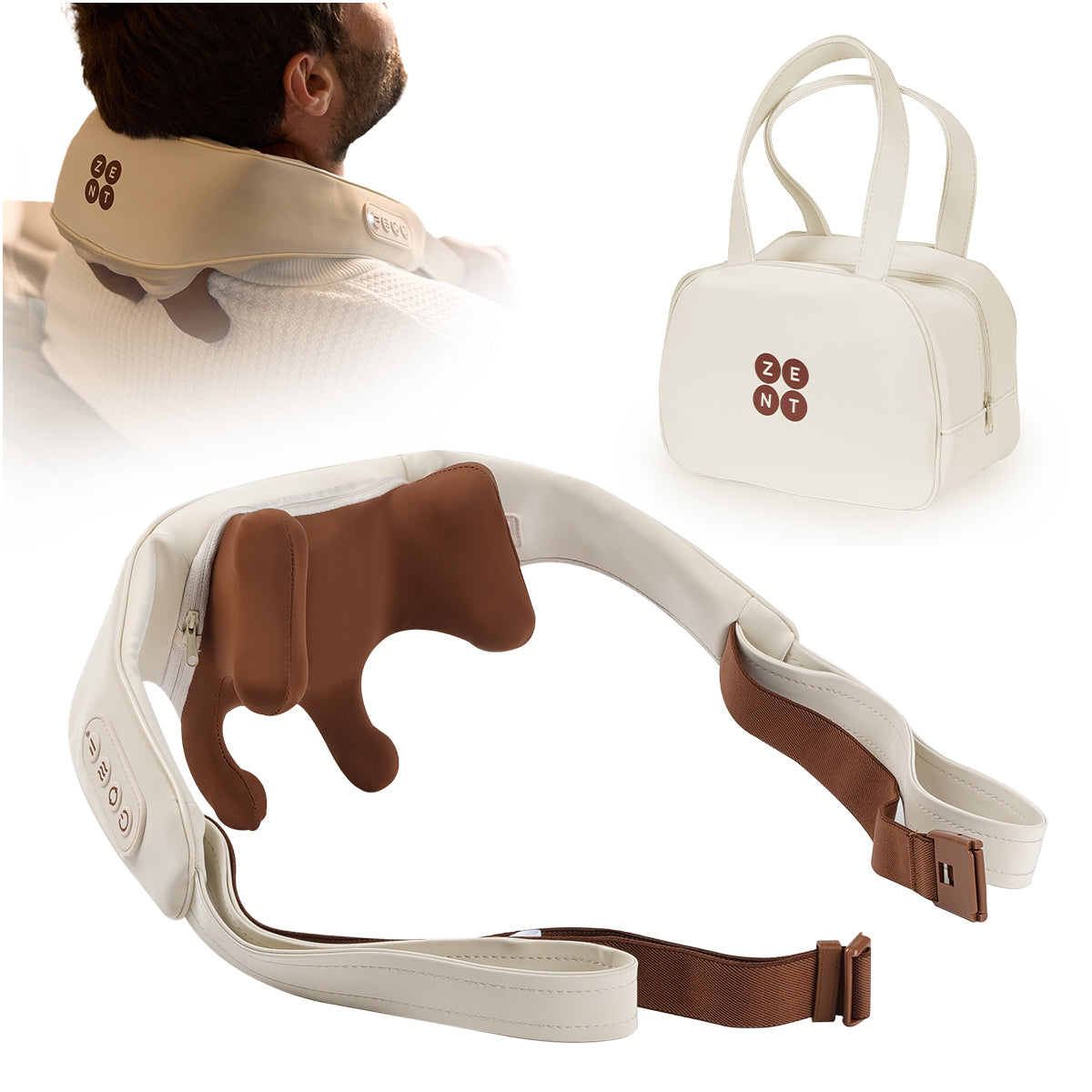 Masażer HandSense, sześć głowic ugniatających i pasek hands-free, założony na kark